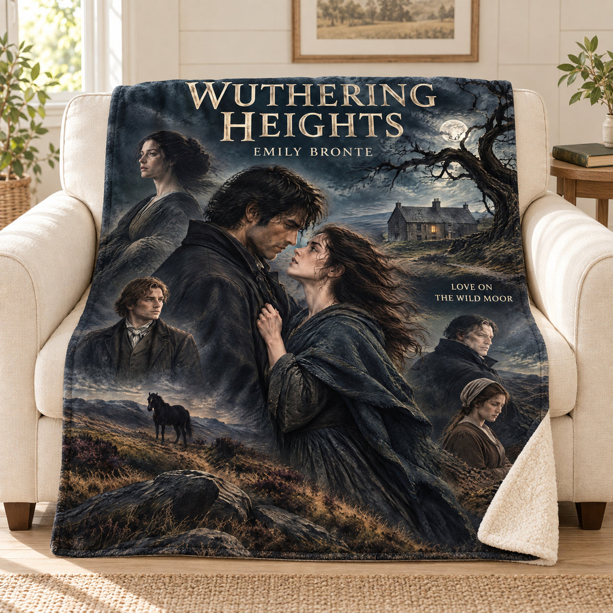 Wuthering Heights blanket, on a sofa