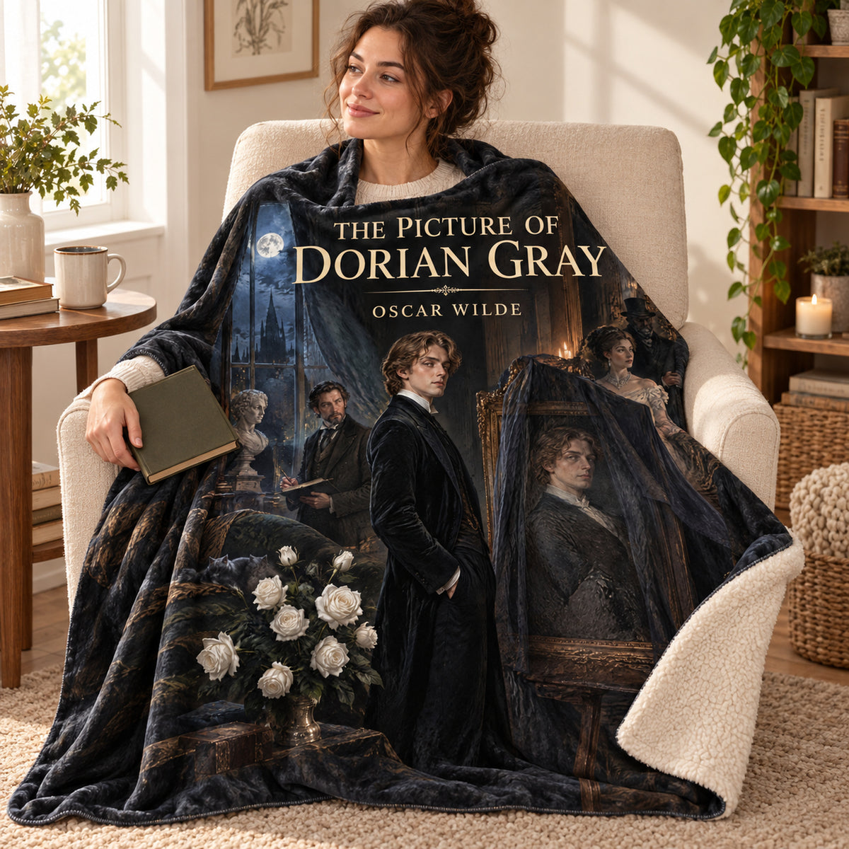 The Picture of Dorian Gray blanket, wrapped around a reader
