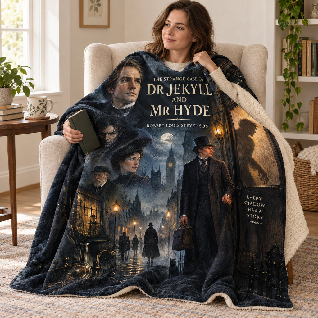 The Strange Case of Dr Jekyll and Mr Hyde blanket, wrapped around a reader