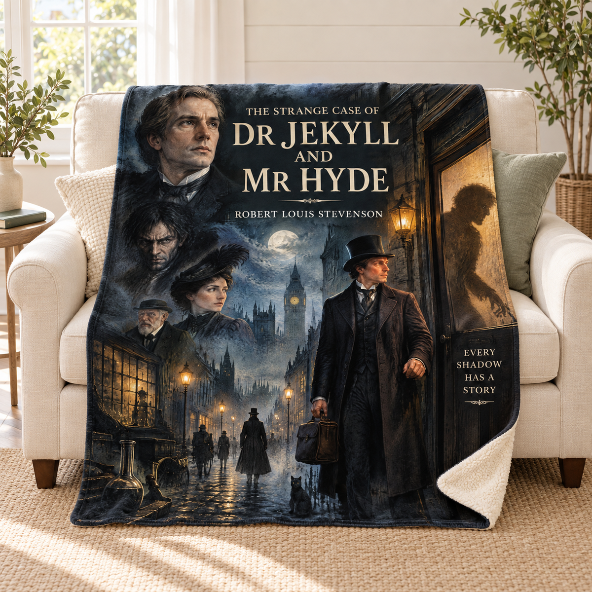The Strange Case of Dr Jekyll and Mr Hyde blanket, on a sofa