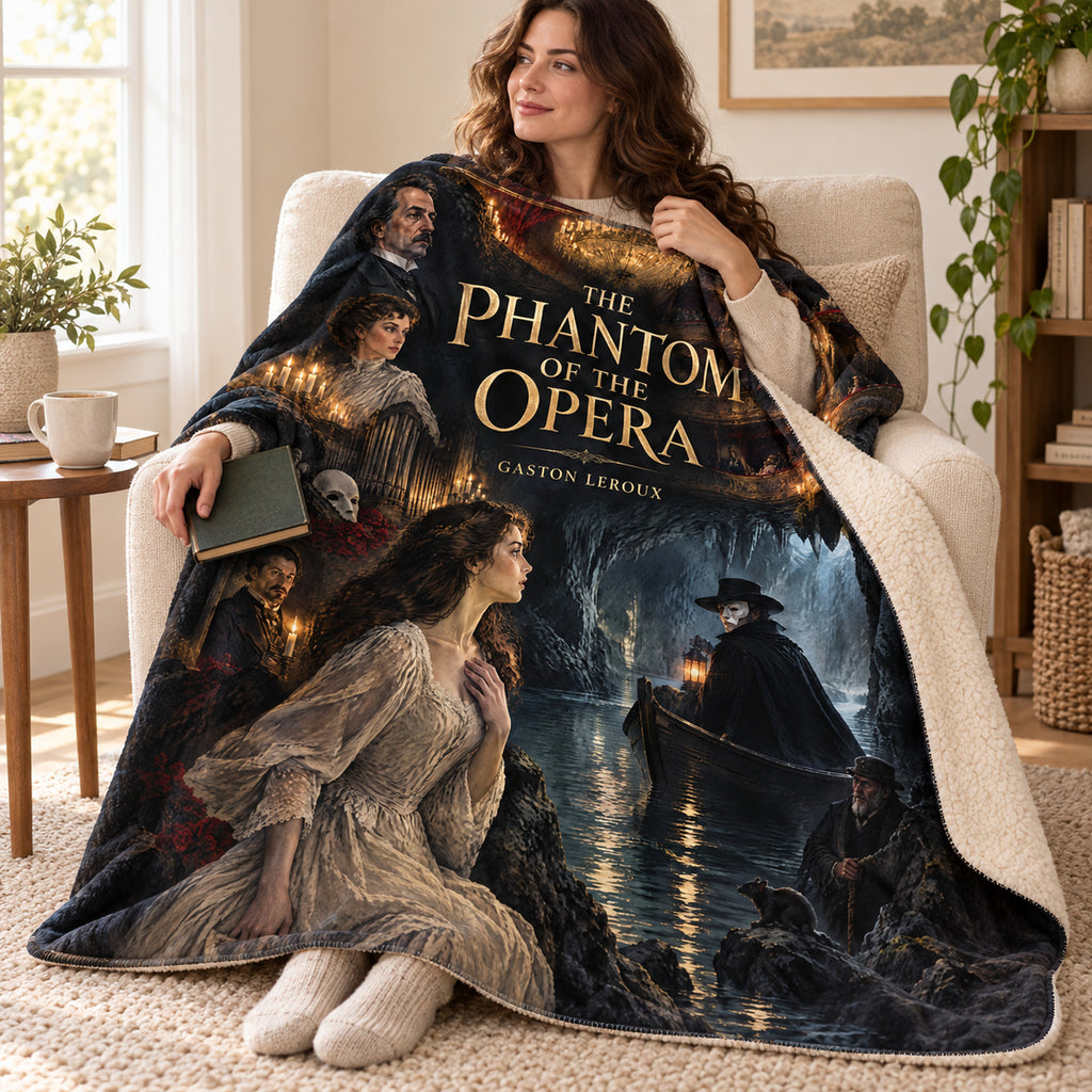 The Phantom of the Opera blanket, wrapped around a reader