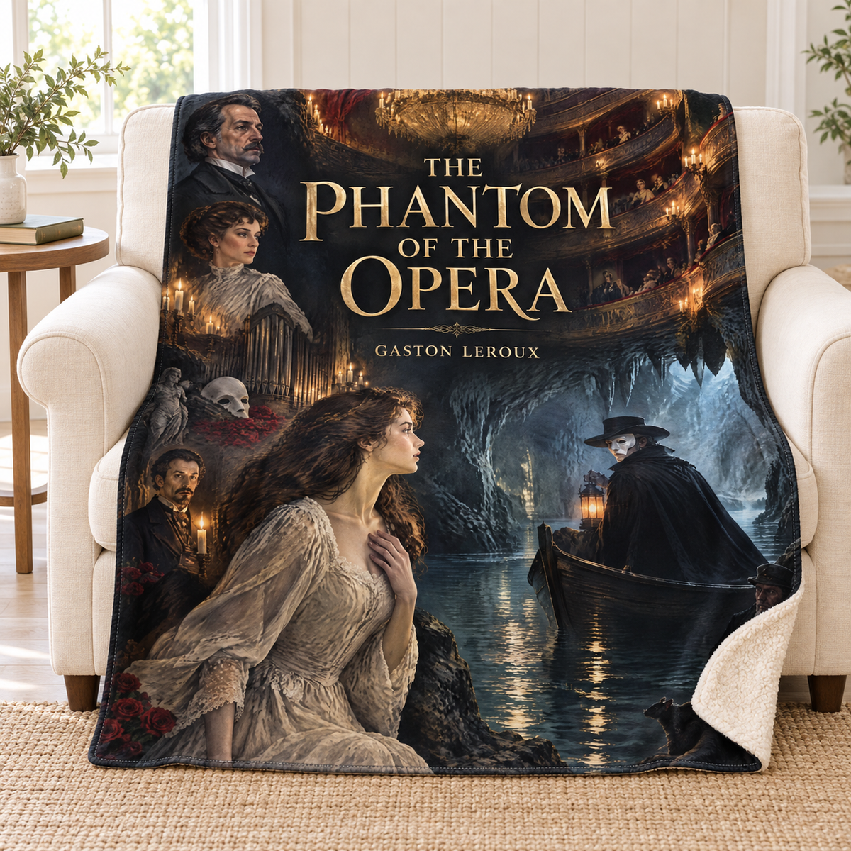 The Phantom of the Opera blanket, on a sofa
