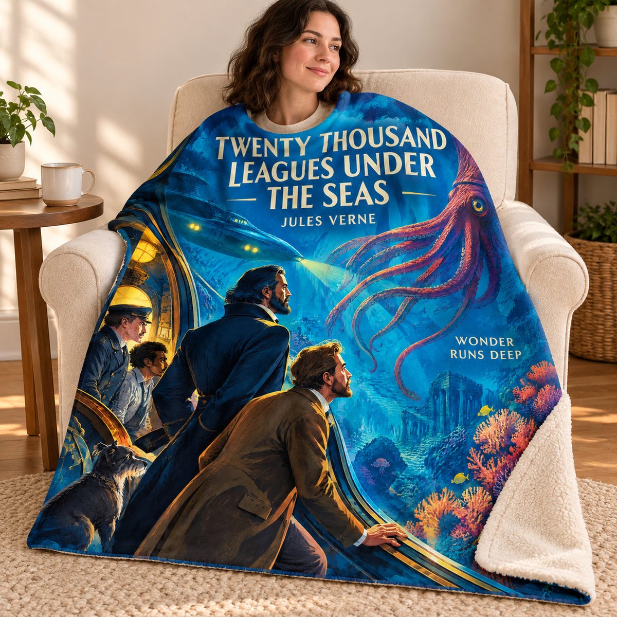Twenty Thousand Leagues Under the Seas blanket, wrapped around a reader