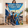 Around the World in Eighty Days blanket, held open