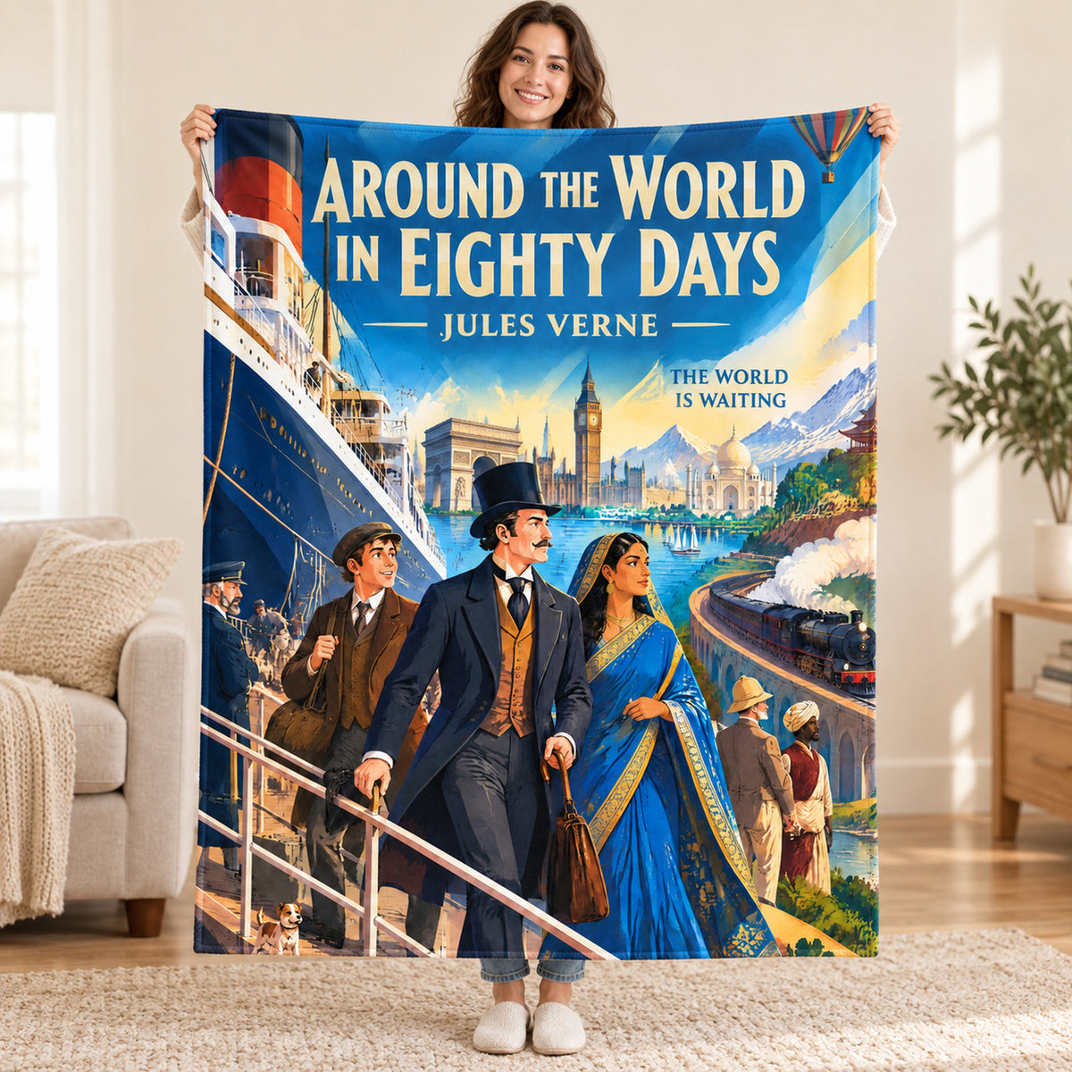 Around the World in Eighty Days blanket, held open
