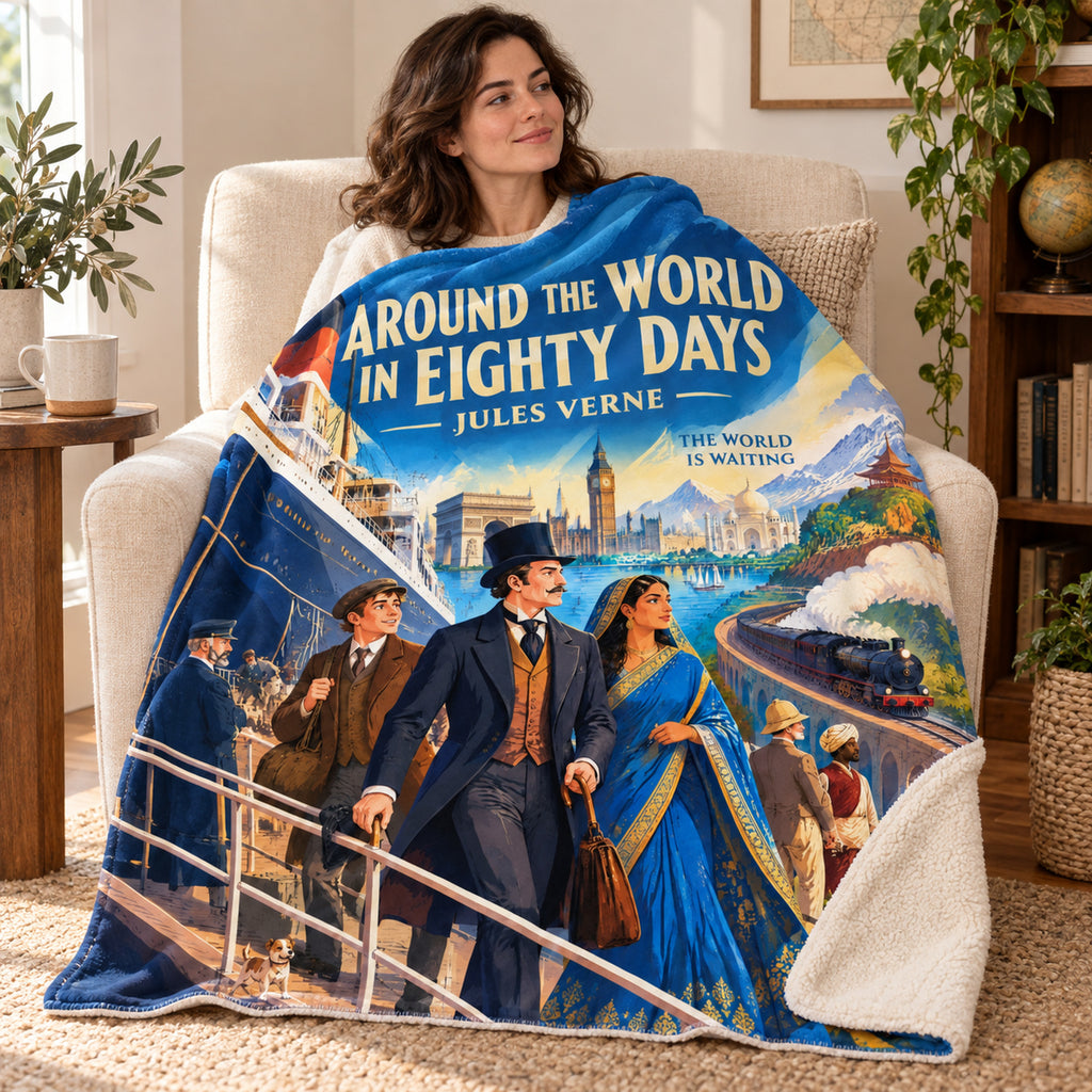 Around the World in Eighty Days blanket, wrapped around a reader