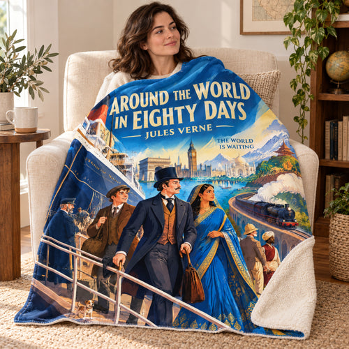 Around the World in Eighty Days blanket, wrapped around a reader