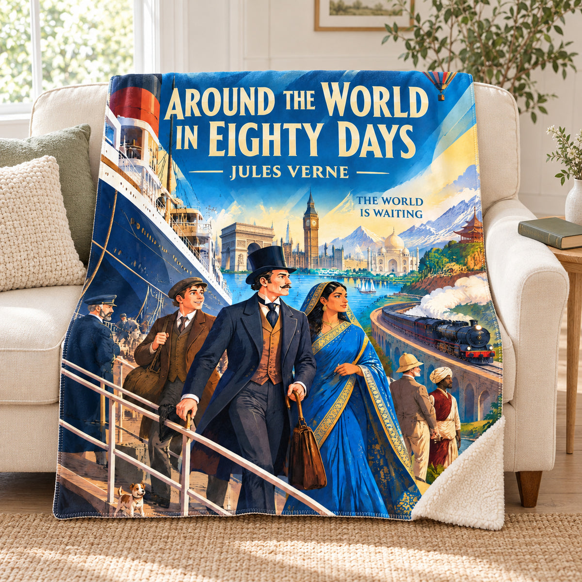 Around the World in Eighty Days blanket, on a sofa