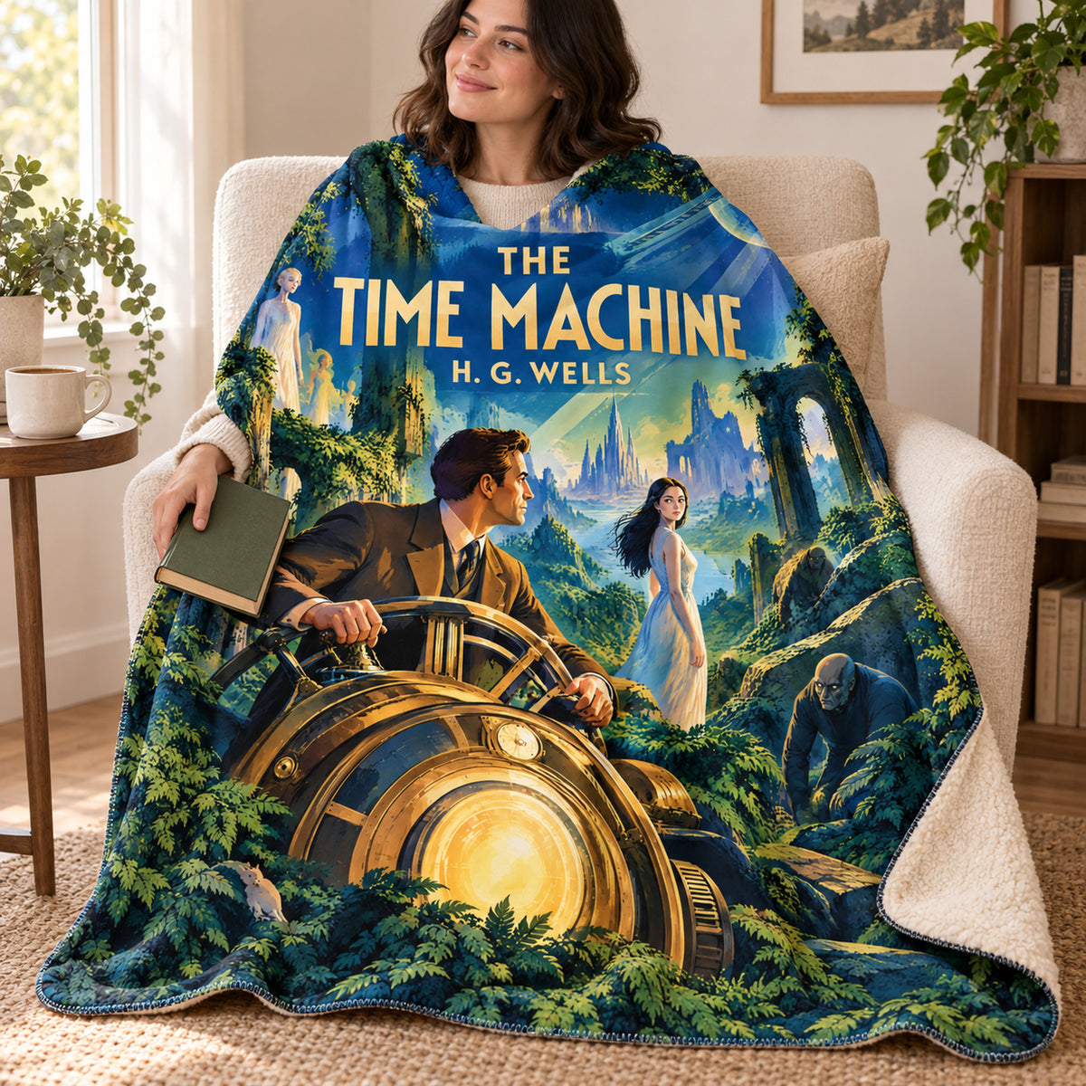 The Time Machine blanket, wrapped around a reader