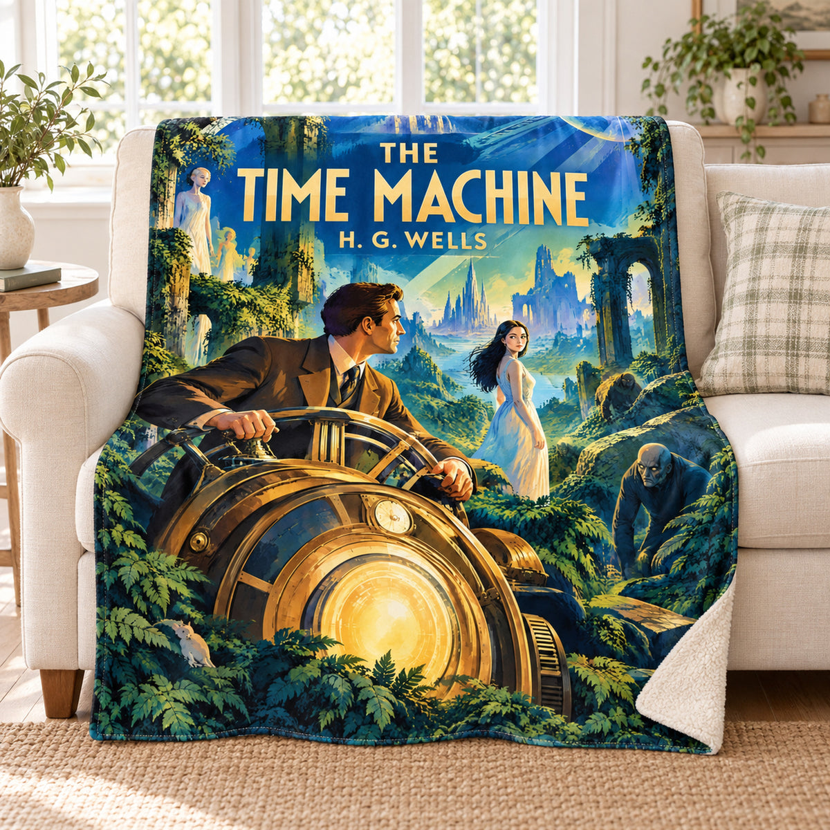 The Time Machine blanket, on a sofa