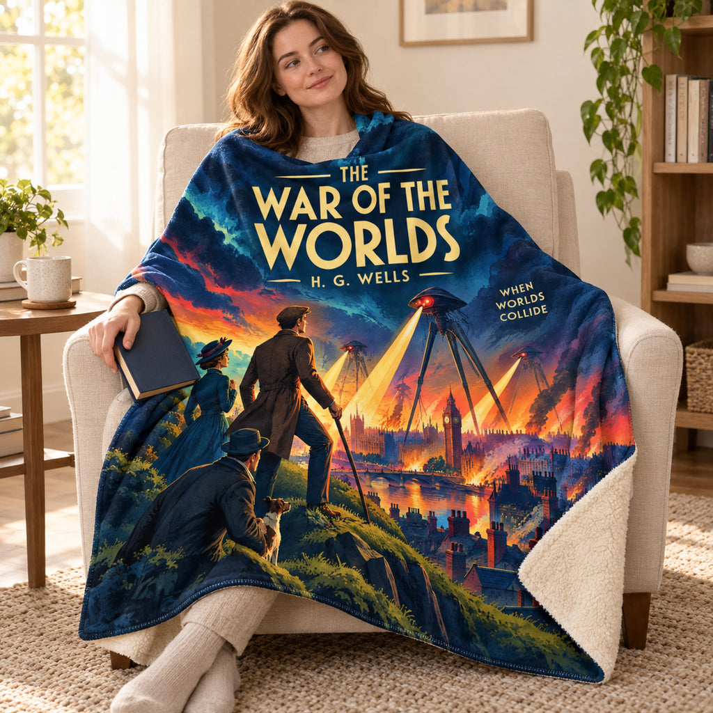 The War of the Worlds blanket, wrapped around a reader