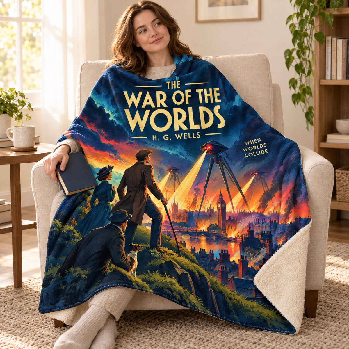 The War of the Worlds blanket, wrapped around a reader