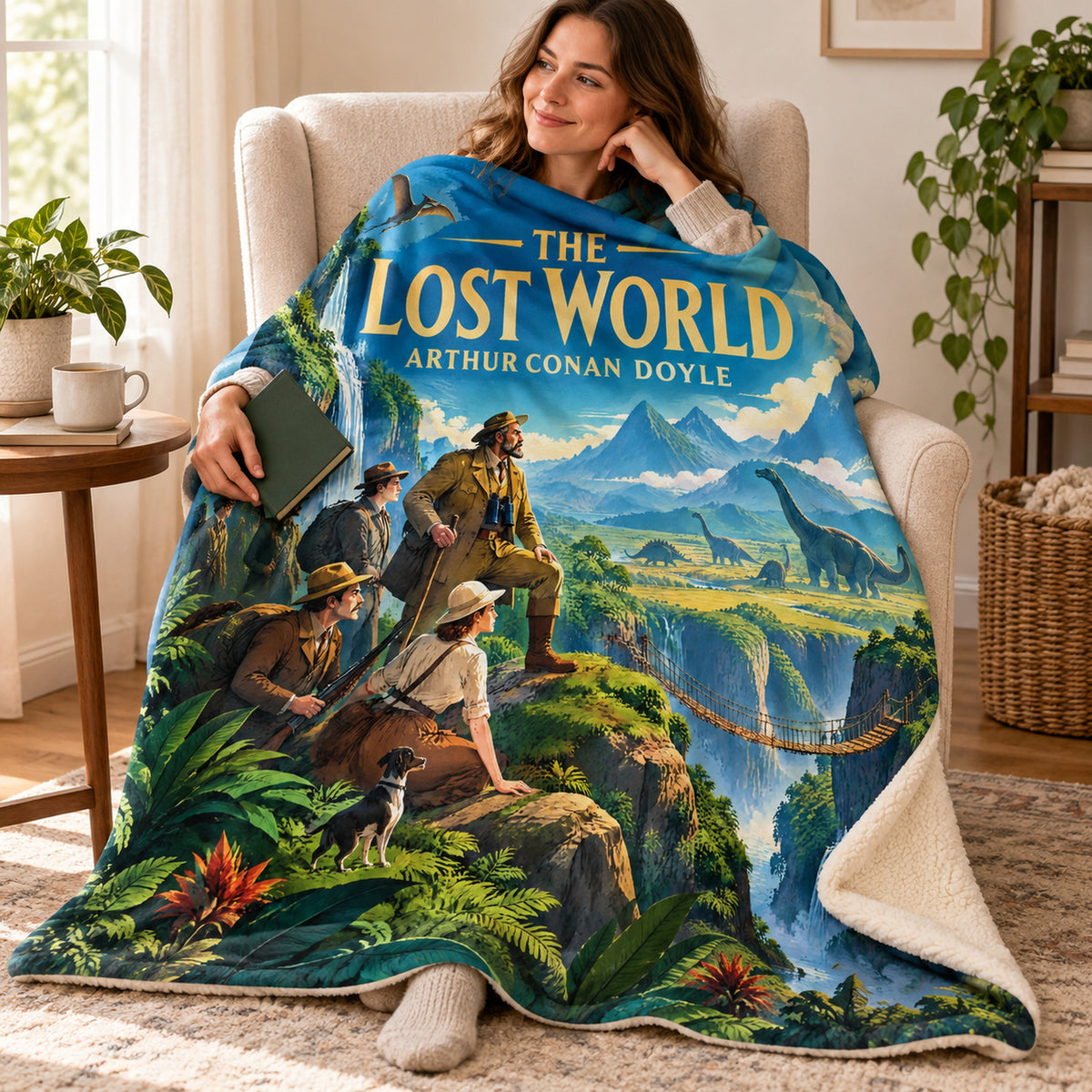 The Lost World blanket, wrapped around a reader