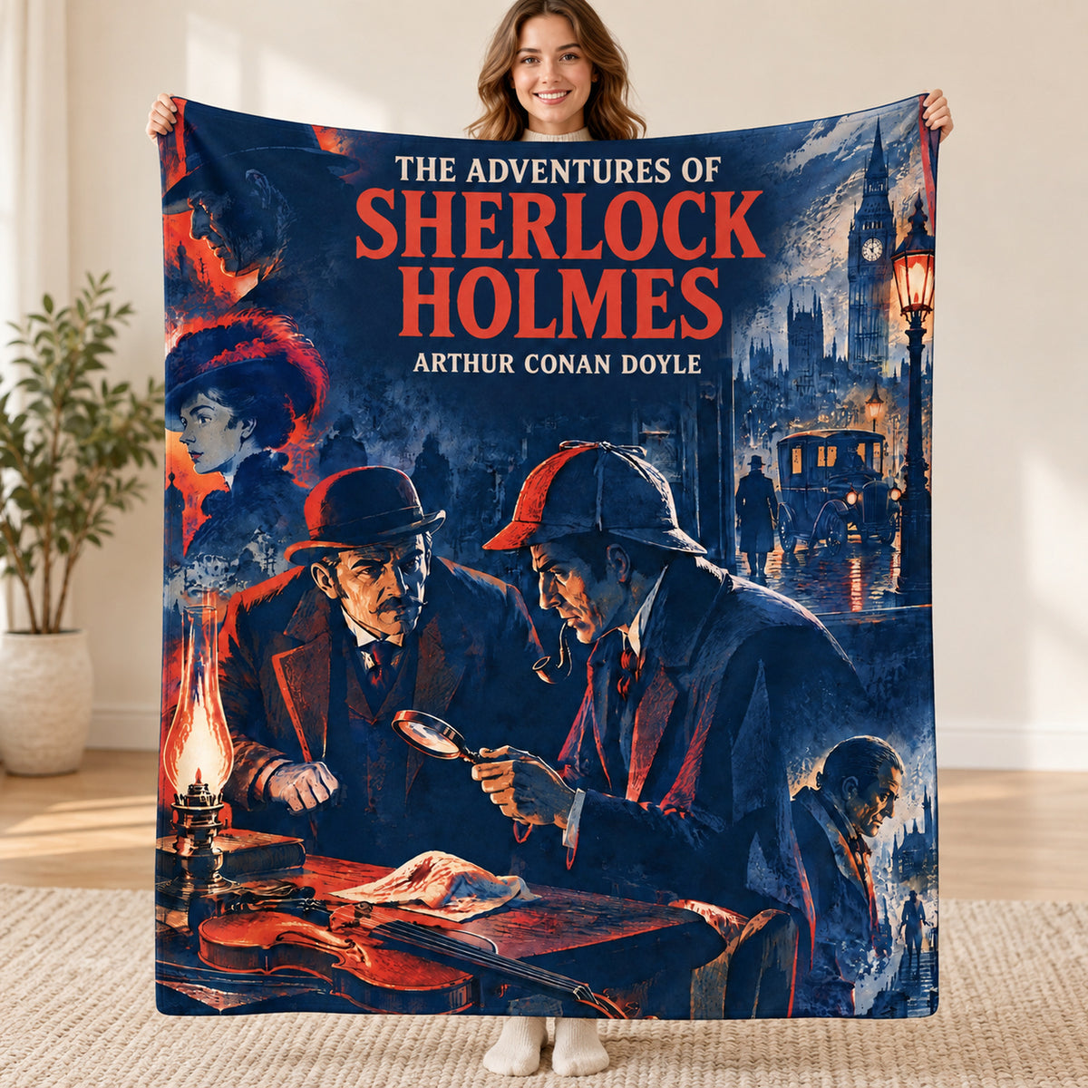 The Adventures of Sherlock Holmes blanket, held open