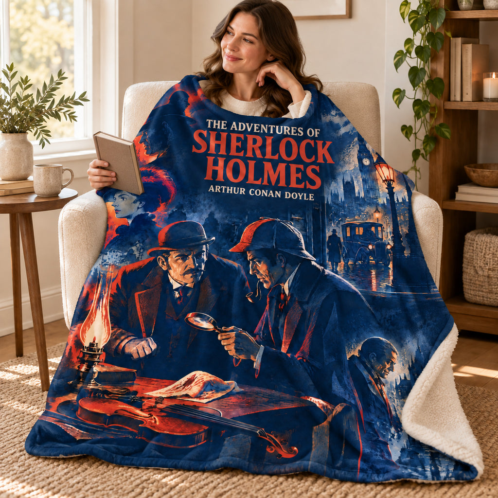 The Adventures of Sherlock Holmes blanket, wrapped around a reader