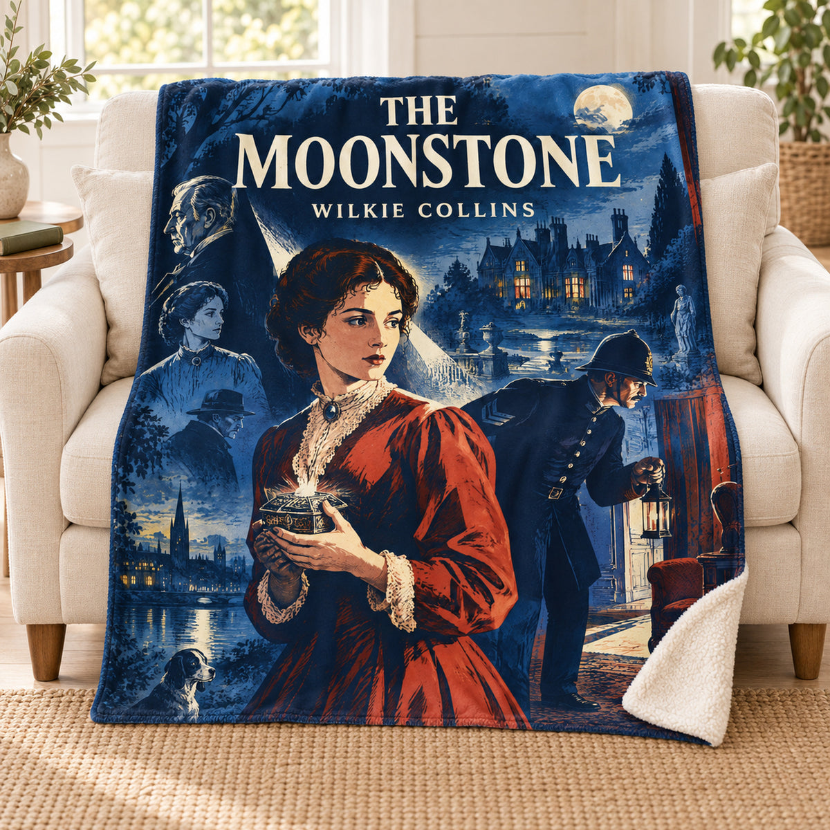 The Moonstone blanket, on a sofa
