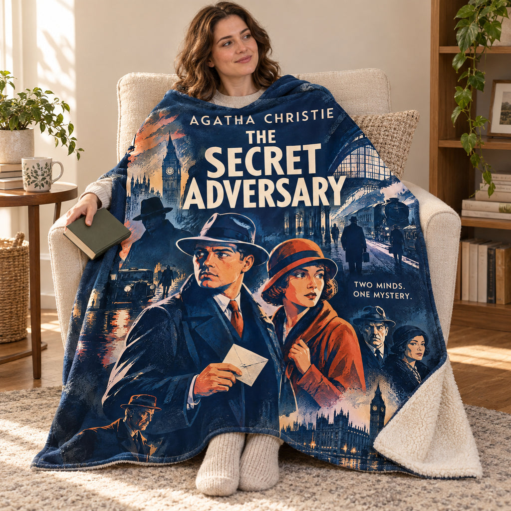 The Secret Adversary blanket, wrapped around a reader