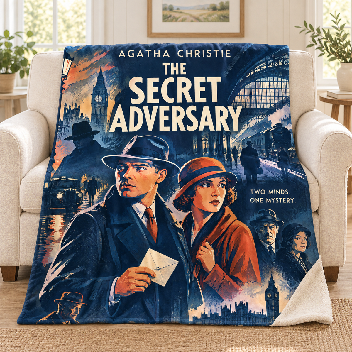 The Secret Adversary blanket, on a sofa