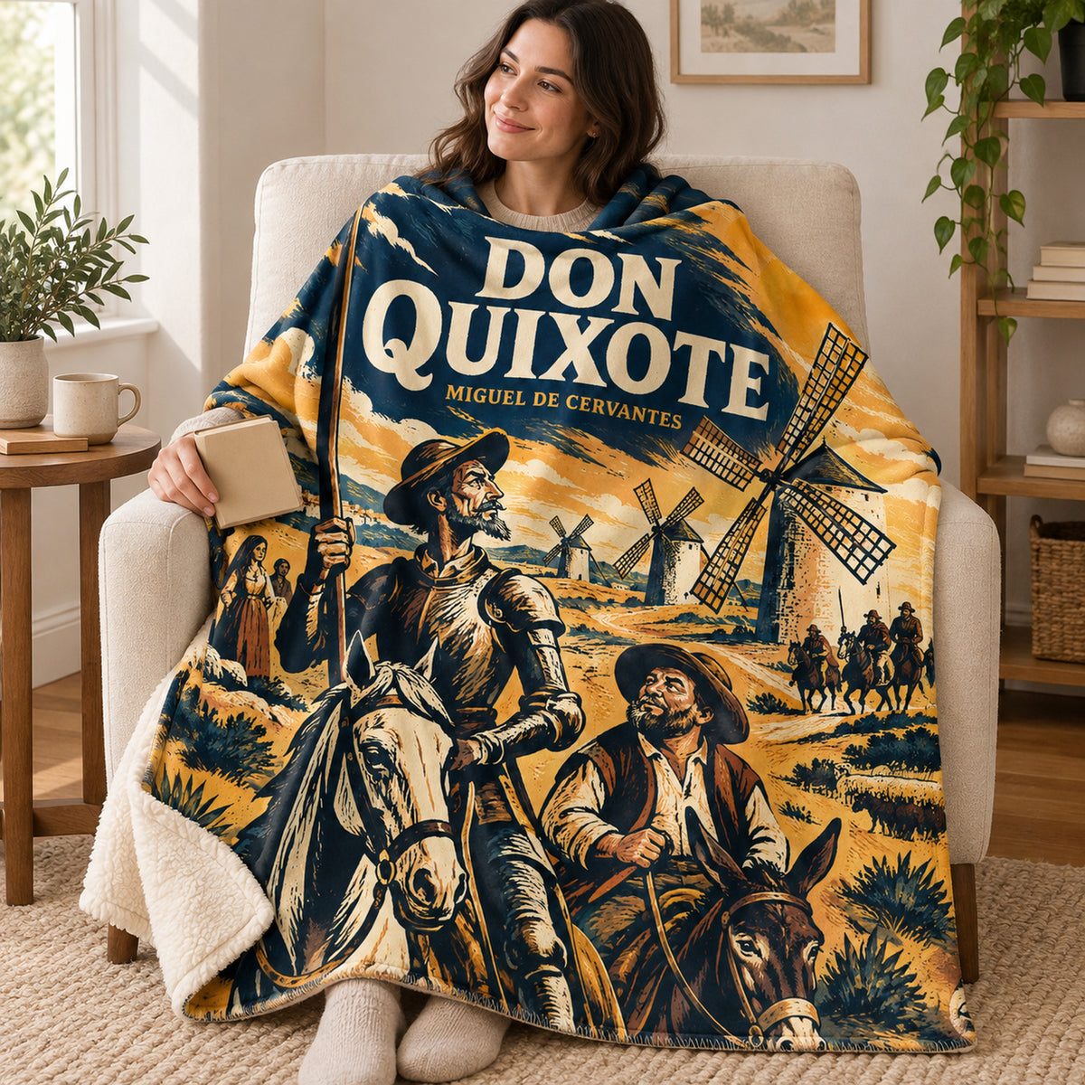 Don Quixote blanket, wrapped around a reader