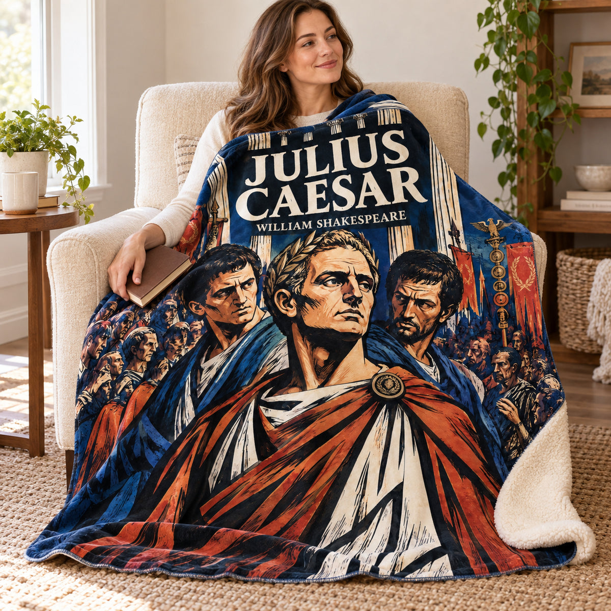 Julius Caesar blanket, wrapped around a reader