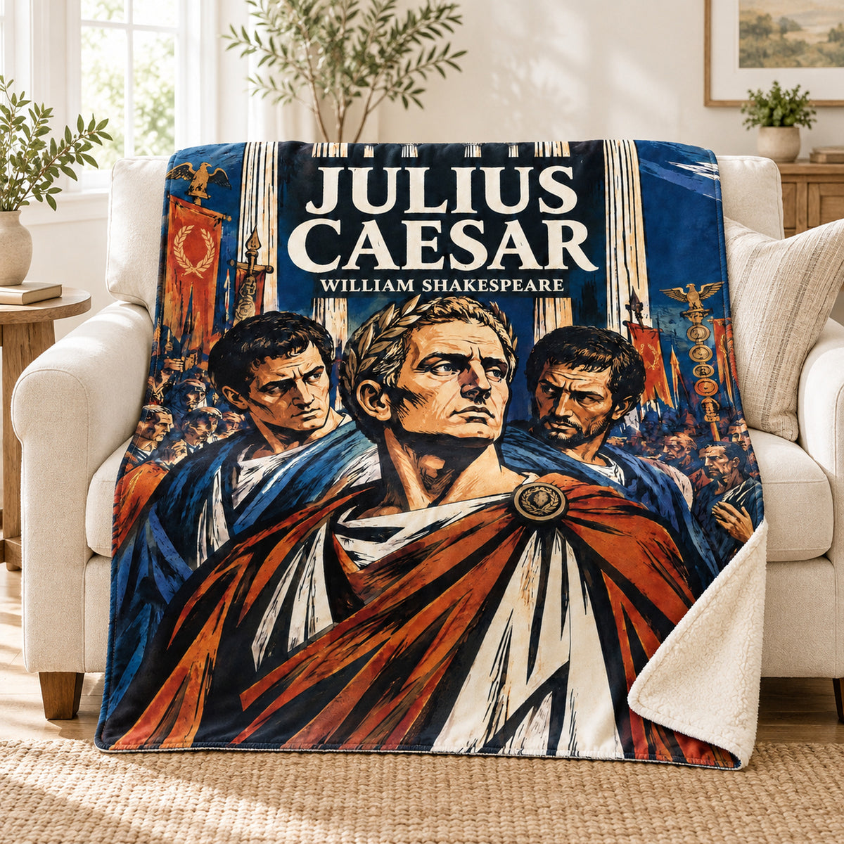 Julius Caesar blanket, on a sofa