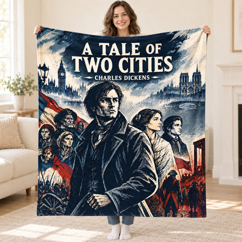 A Tale of Two Cities blanket, held open
