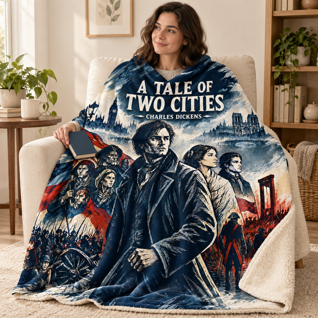 A Tale of Two Cities blanket, wrapped around a reader