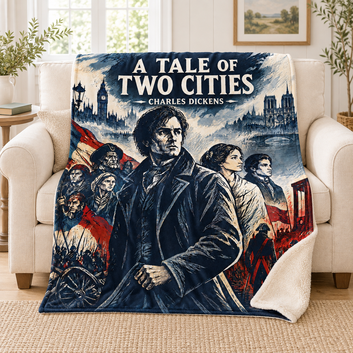 A Tale of Two Cities blanket, on a sofa