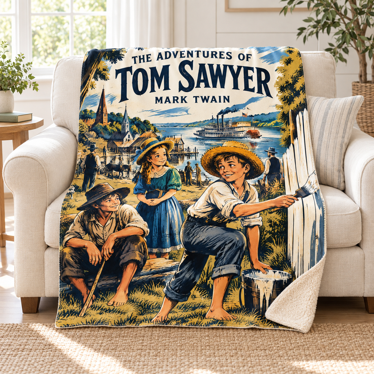 The Adventures of Tom Sawyer blanket, on a sofa