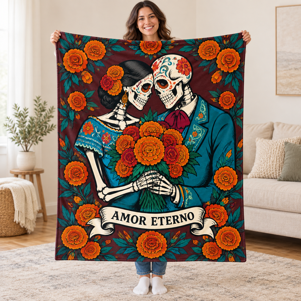 Marigold Embrace blanket, held open