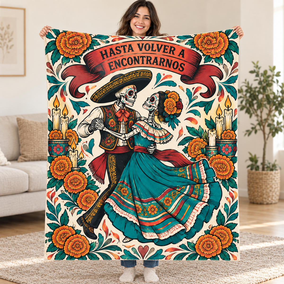 Dancing Ribbons blanket, held open