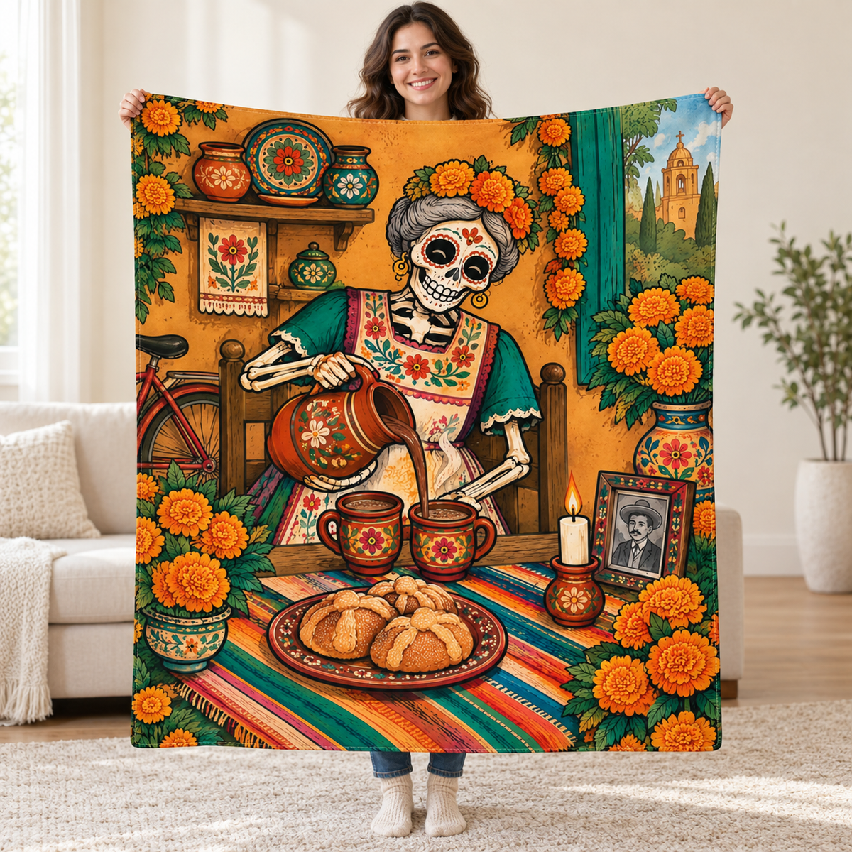 Abuelas Chocolate blanket, held open