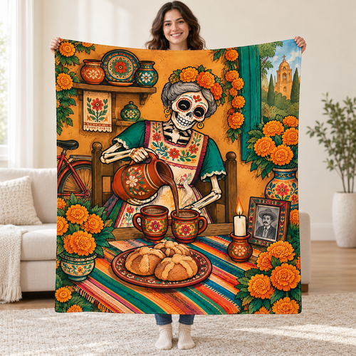 Abuelas Chocolate blanket, held open