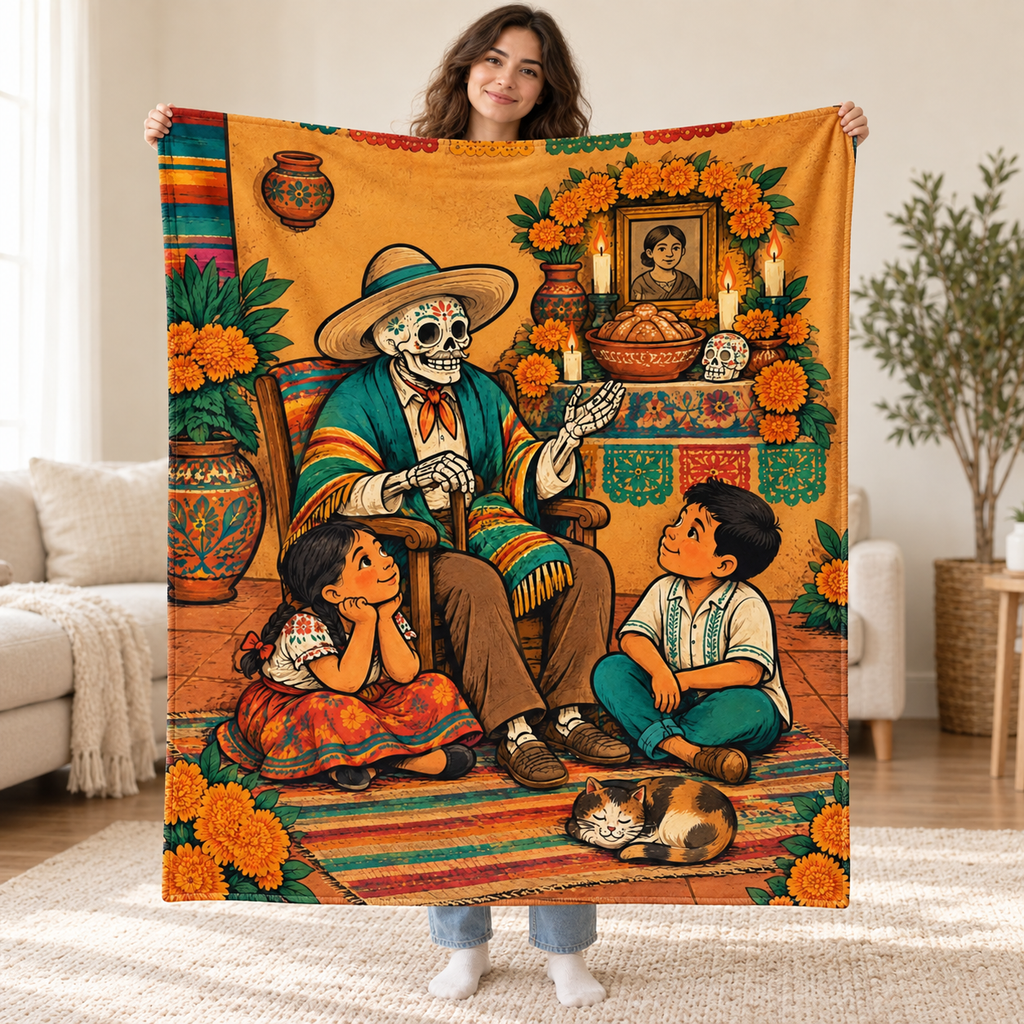 Grandpas Stories blanket, held open