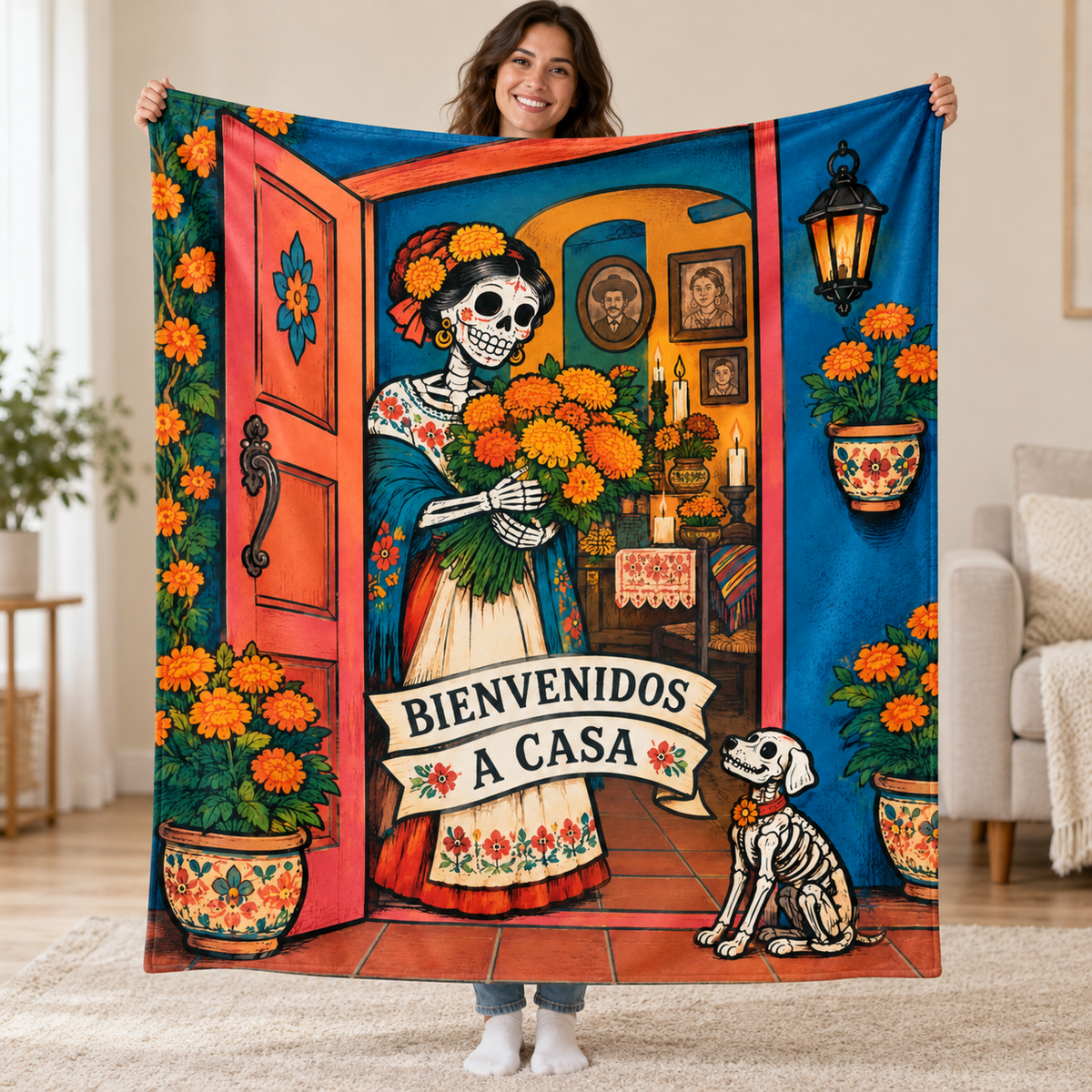 Flowers at the Door blanket, held open