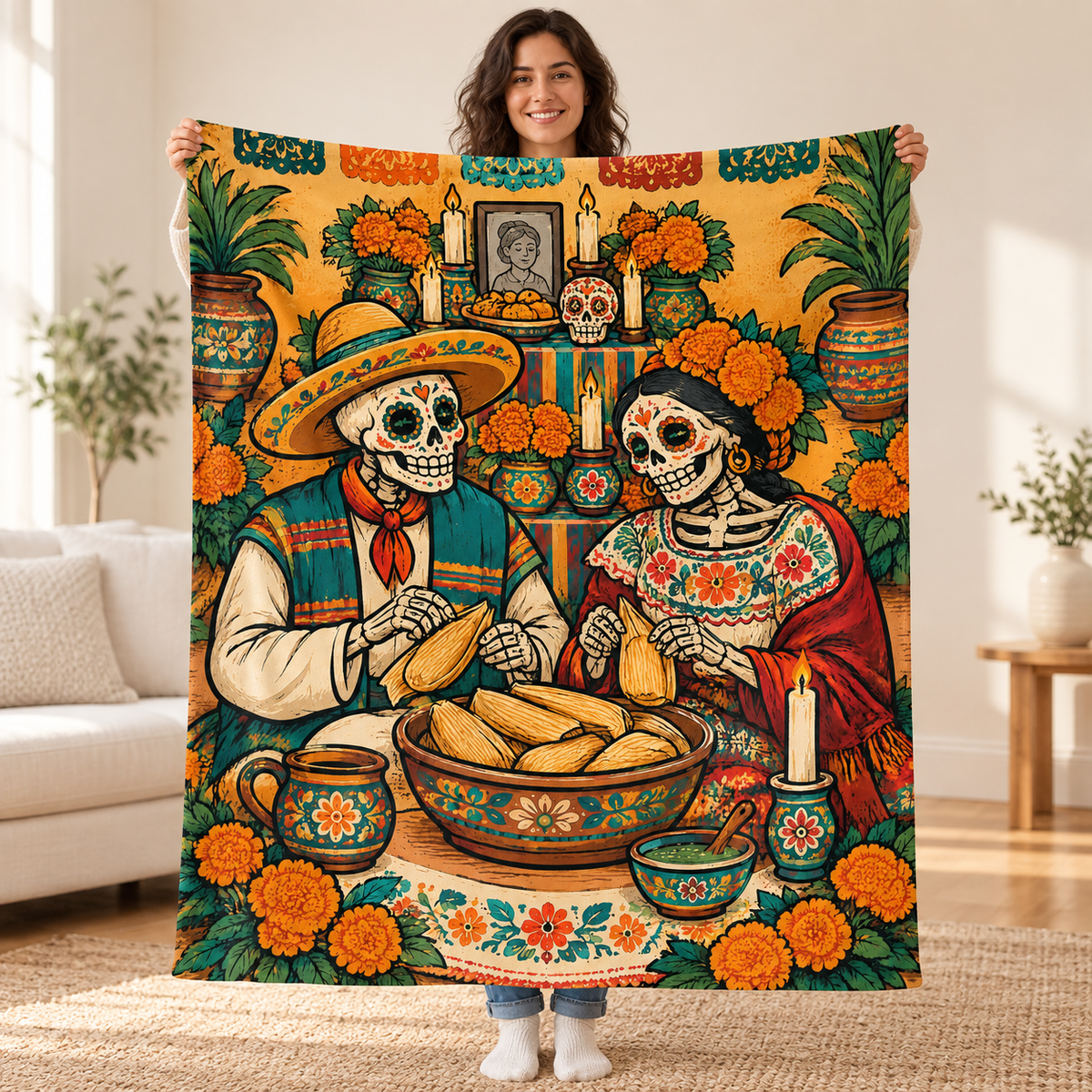 Sunday Tamales blanket, held open