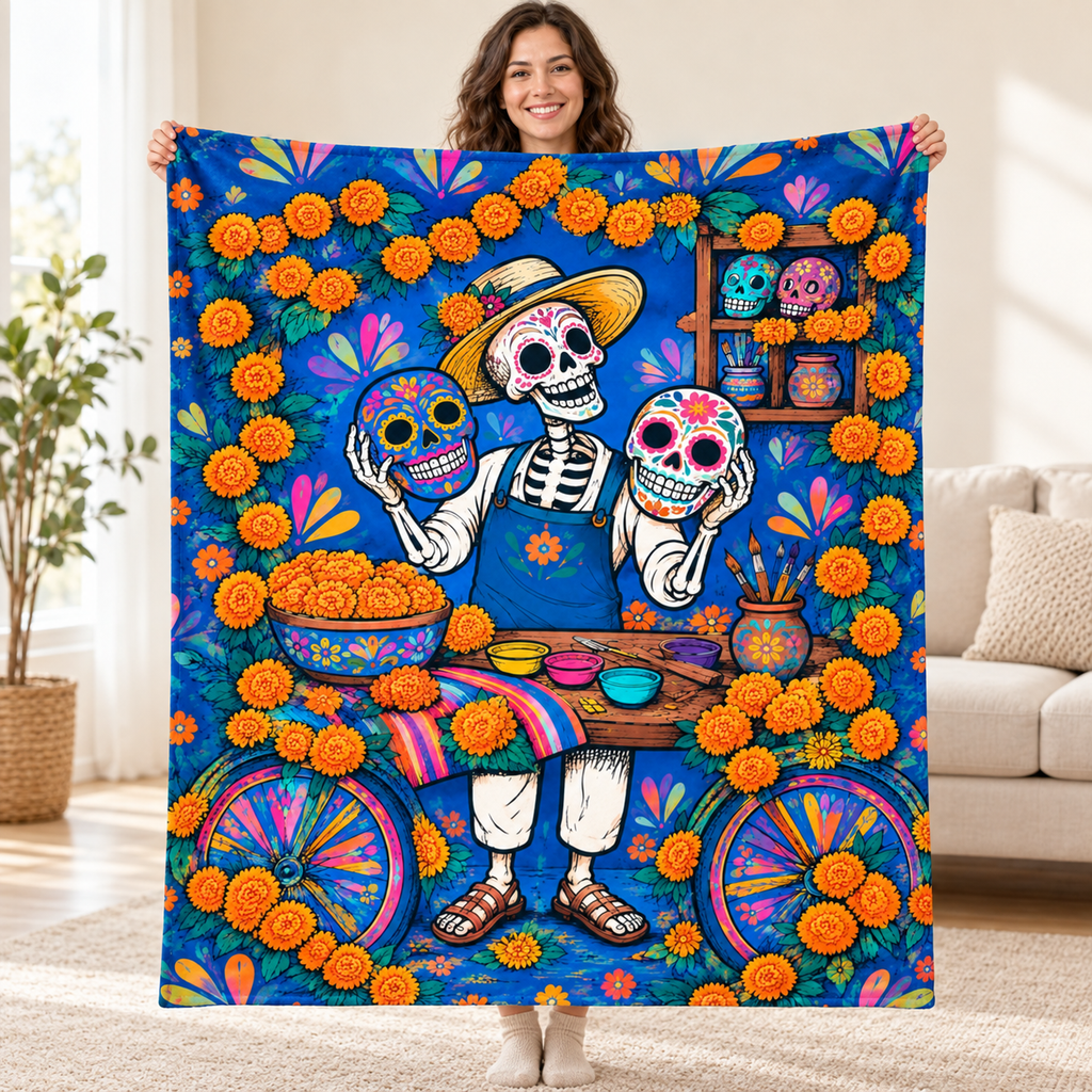 The Mask Maker blanket, held open