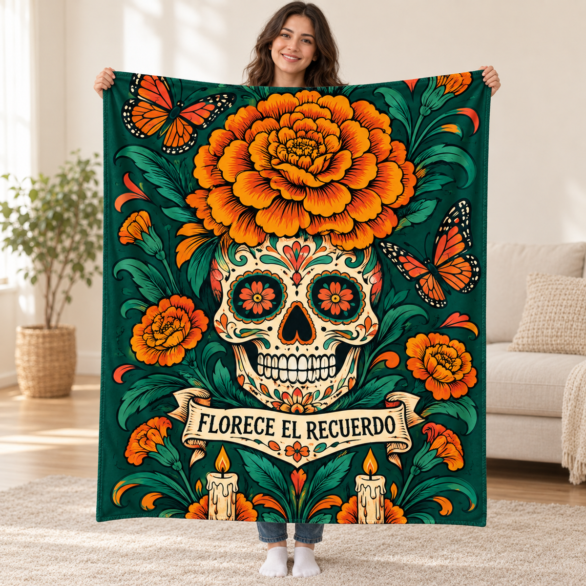 Marigold Rebirth blanket, held open