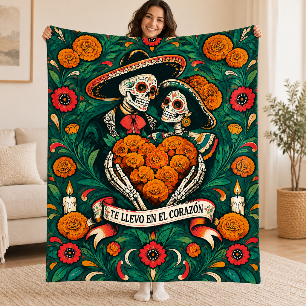 Heart of Marigolds blanket, held open