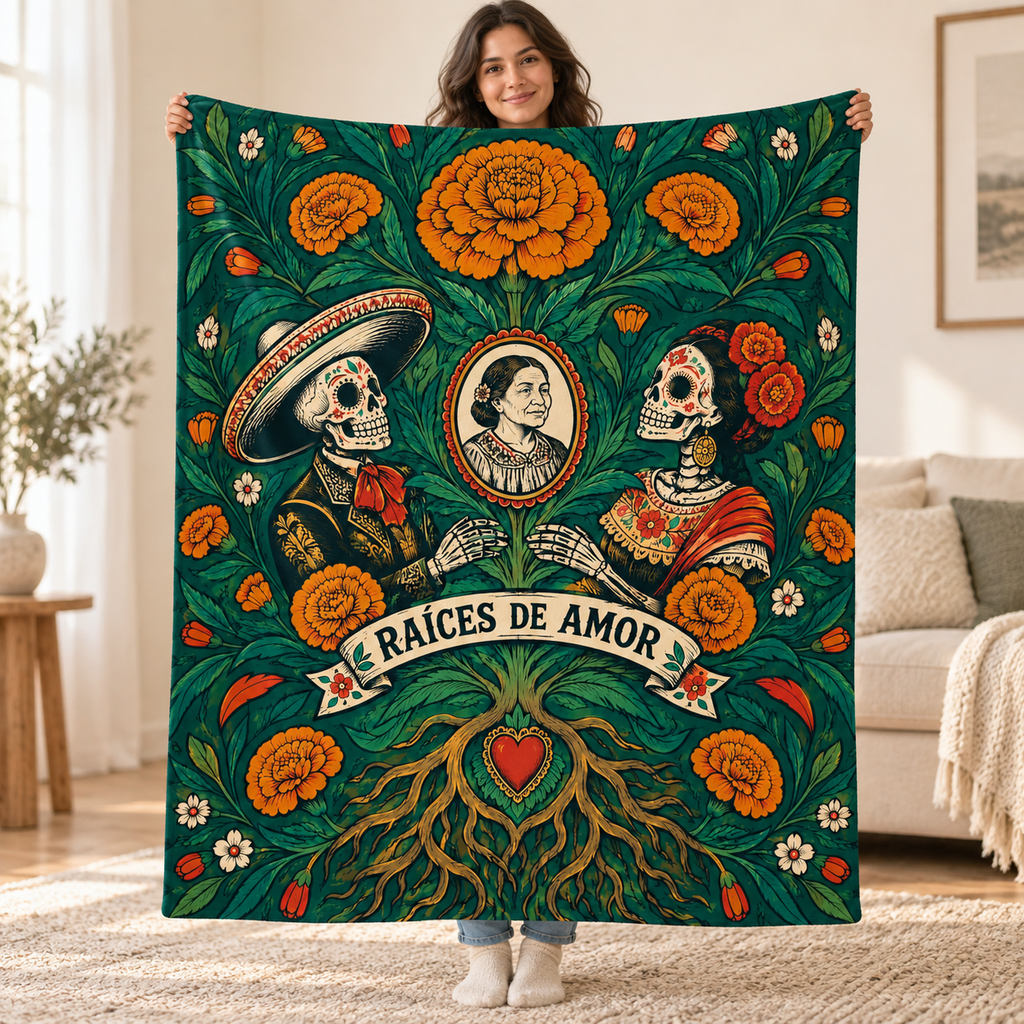 Roots of Remembrance blanket, held open