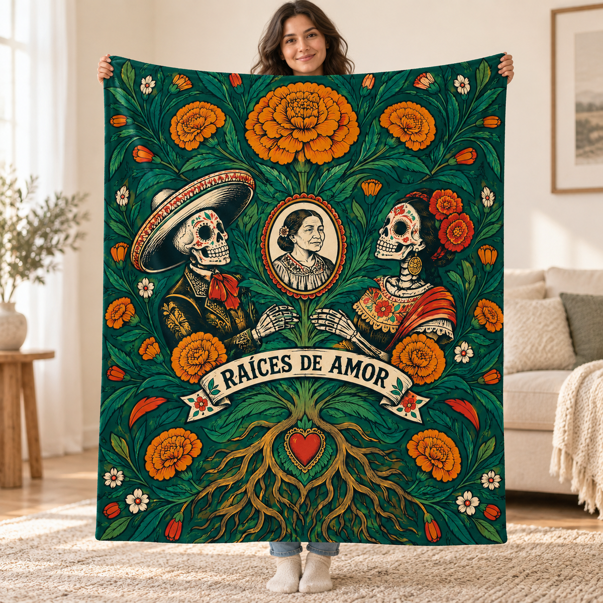 Roots of Remembrance blanket, held open
