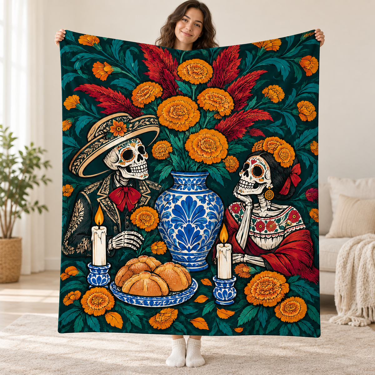 Ofrenda Bouquet blanket, held open