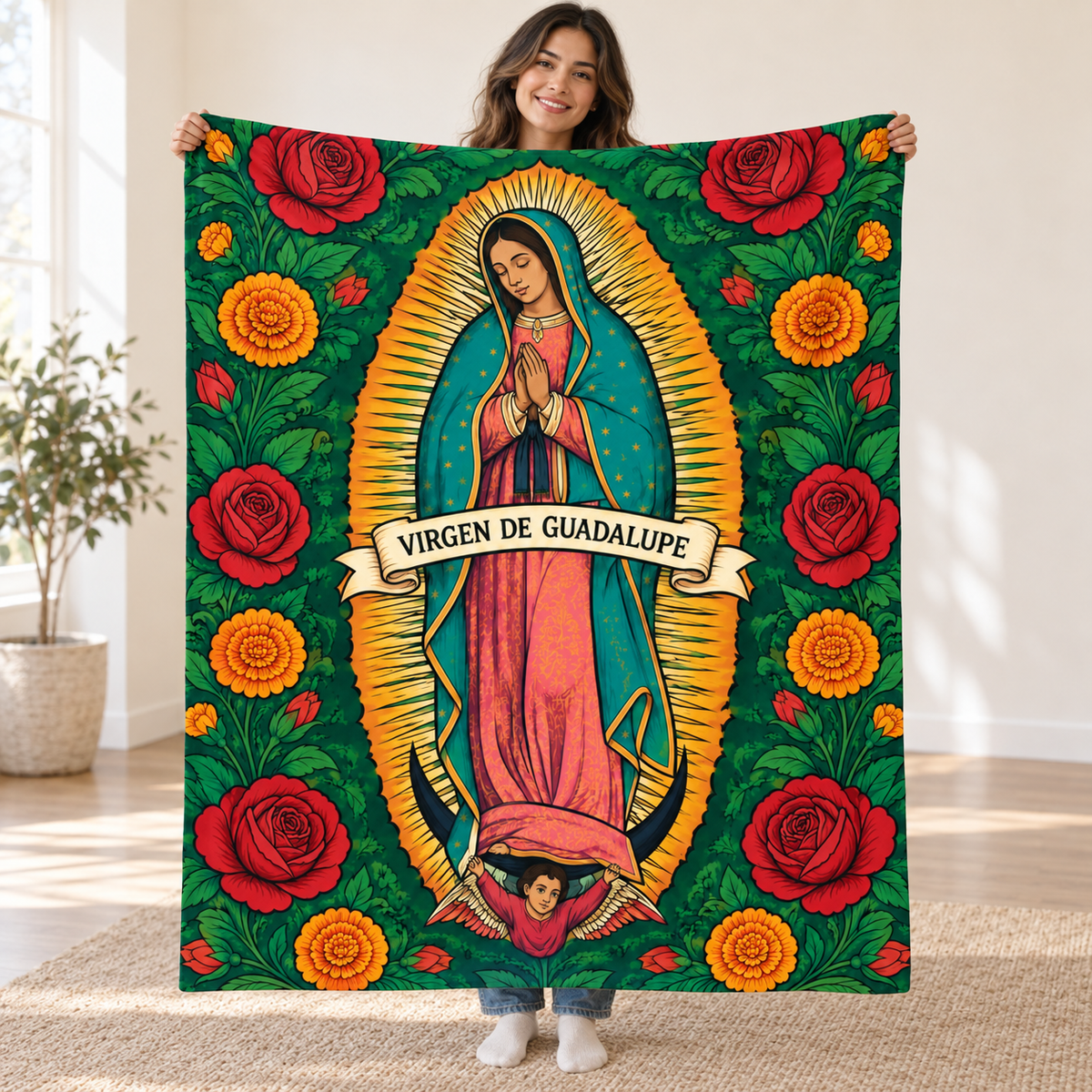 Guadalupe - Emerald Roses blanket, held open