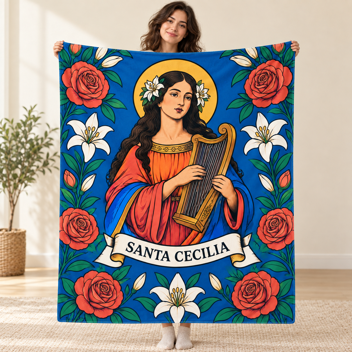 Santa Cecilia blanket, held open