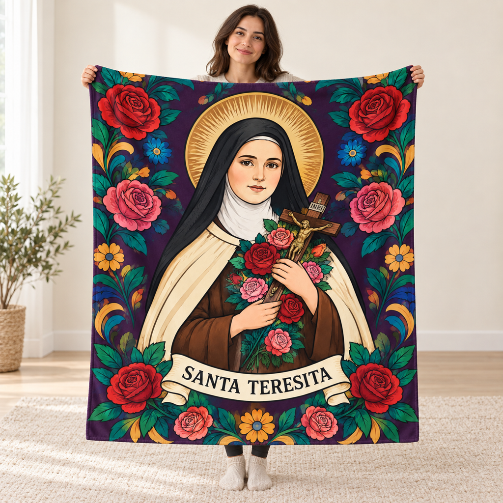 Santa Teresita blanket, held open