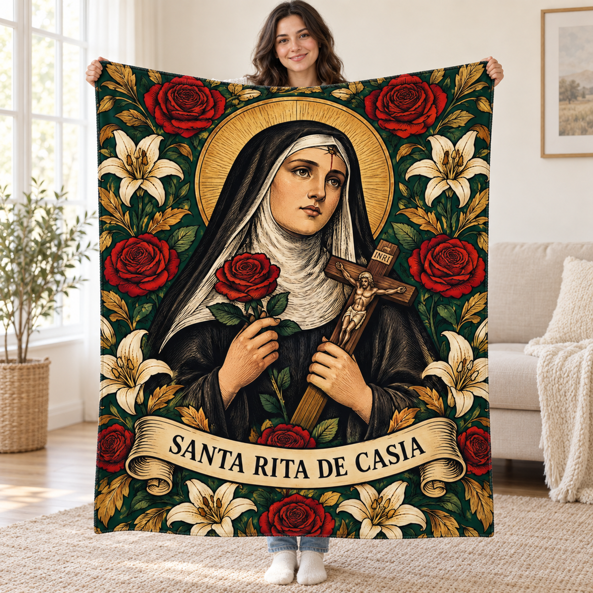 Santa Rita blanket, held open