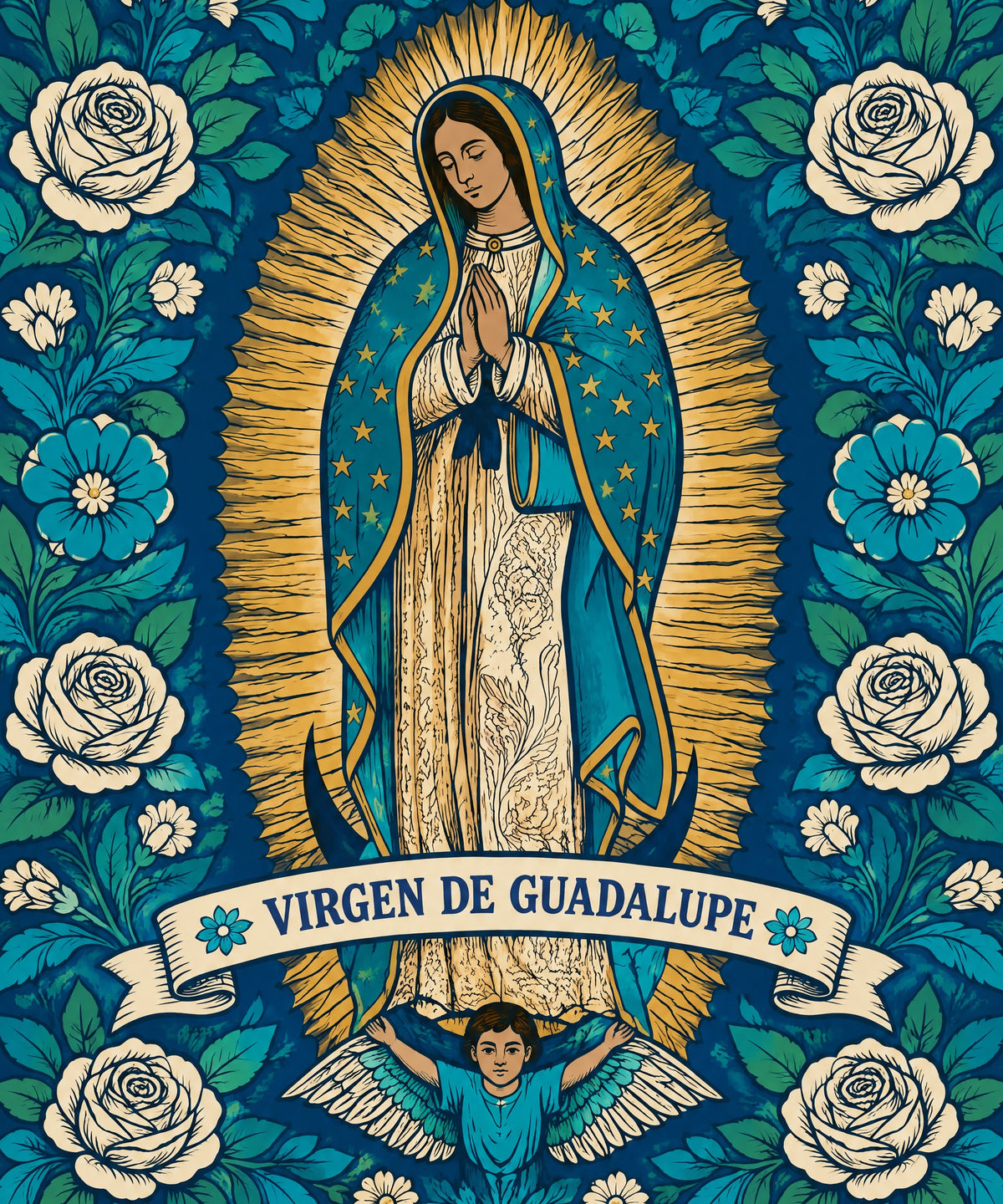 Guadalupe - Indigo Woodcut blanket, full design