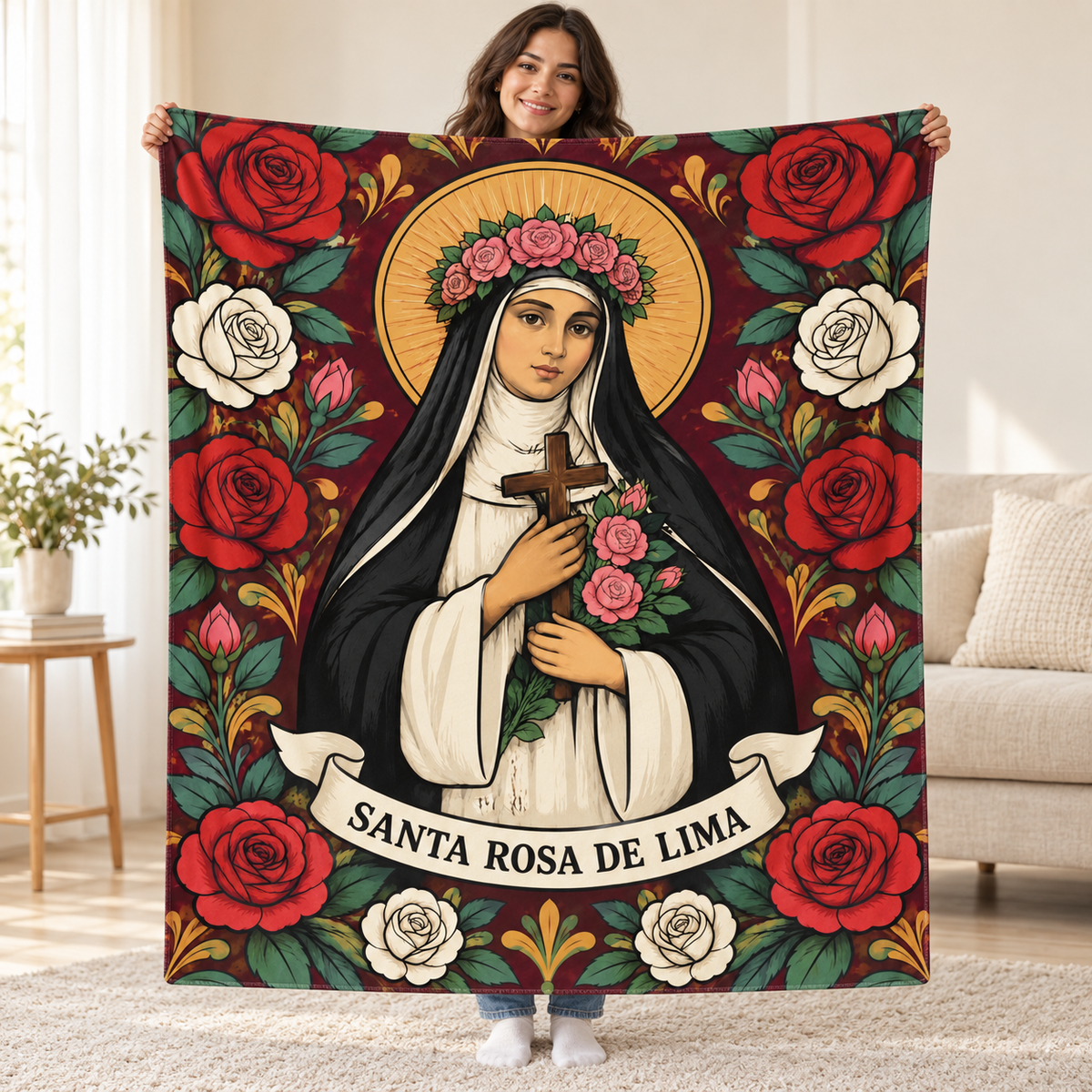 Santa Rosa de Lima blanket, held open