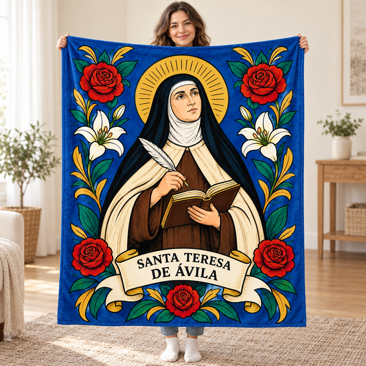 Santa Teresa de Avila blanket, held open
