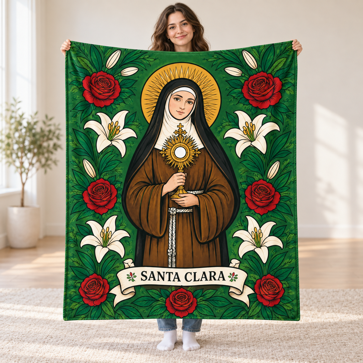 Santa Clara blanket, held open
